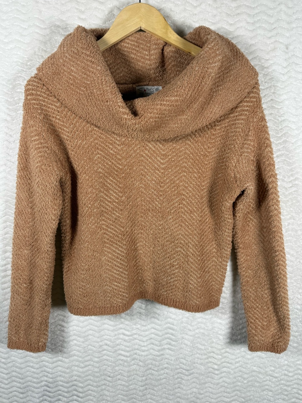 Poof! Camel Cowl Neck Cropped Sweater